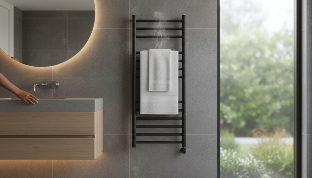 Heated towel rail in a bathroom