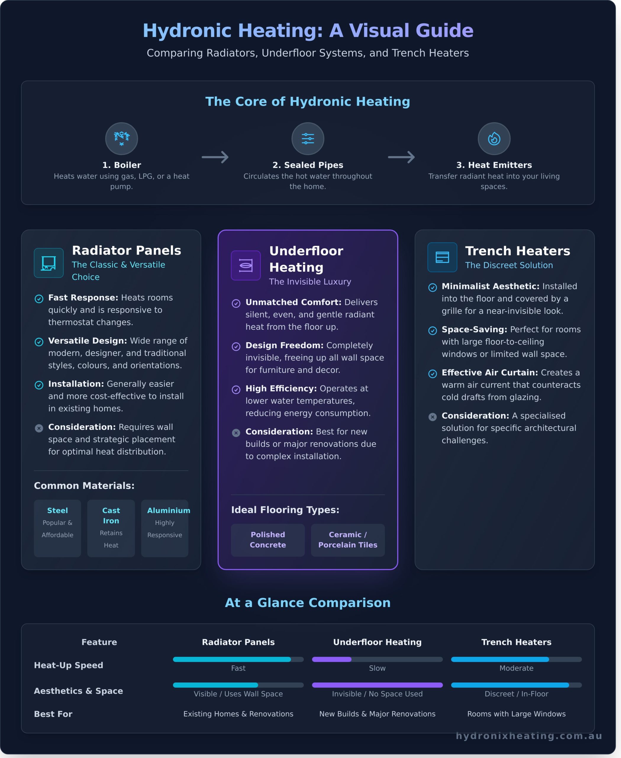 Hydronic Heaters Explained: Radiators, Underfloor & Panels - Infographic